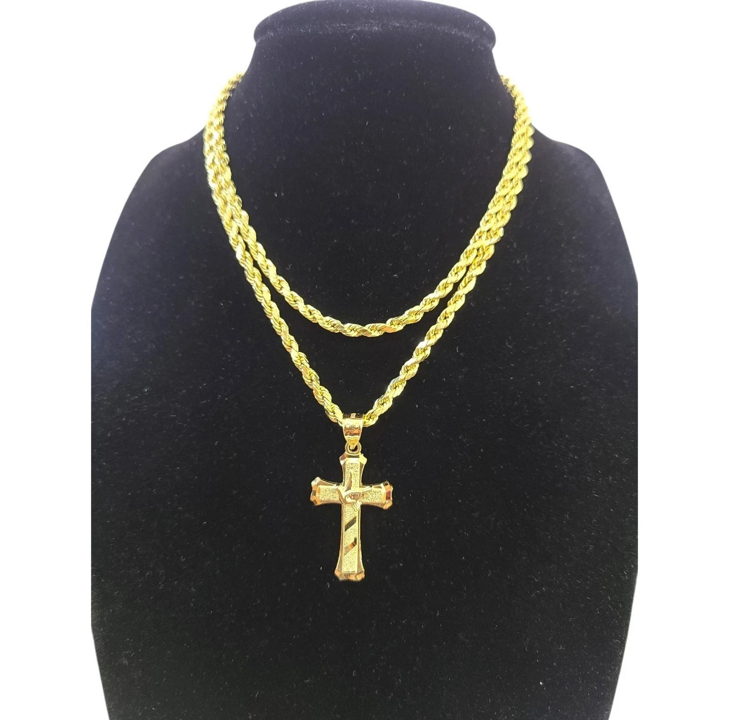 Real 10K Gold Rope Chain 3mm Religious Cross Charm Set Men Women 18"-28"