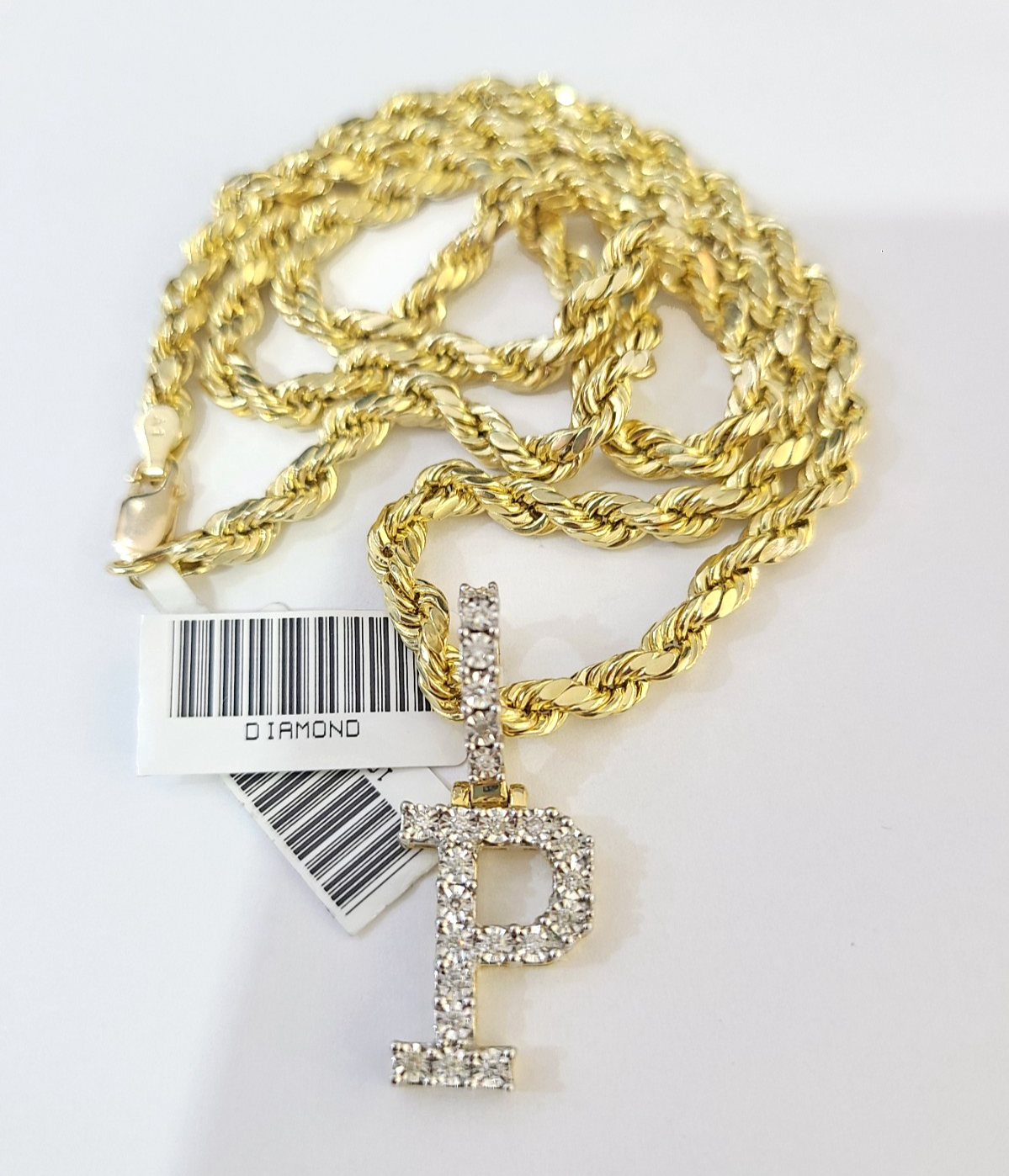 10k Rope Chain P Diamond Initial Charm Necklace Pendant Set 4mm 20"-30" Gold