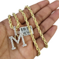 10k Rope Chain M Diamond Initial Charm Necklace Pendant Set 4mm 20"-30" Gold