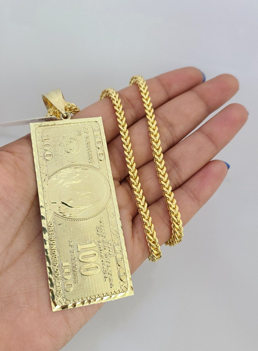 10k Gold Franco Chain 100 Dollar Bill Charm Pendant 4mm 18-28 Inch Necklace