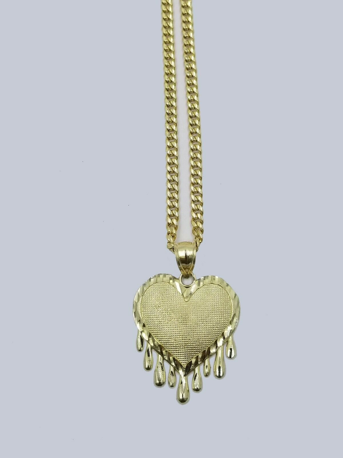 10K Yellow Gold Miami Cubin Link Chain Dripping Heart Diamond Cut Pendant