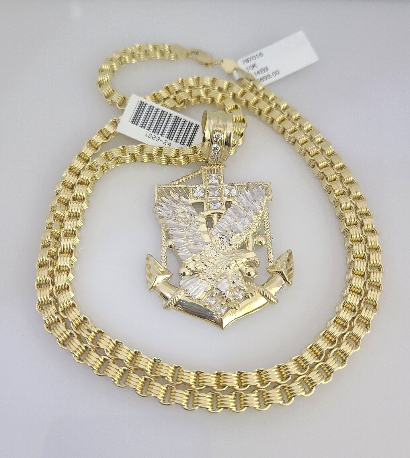 Real 10k Gold Byzantine Necklace Eagle Anchor Charm SET Chain 20"-30" 4mm