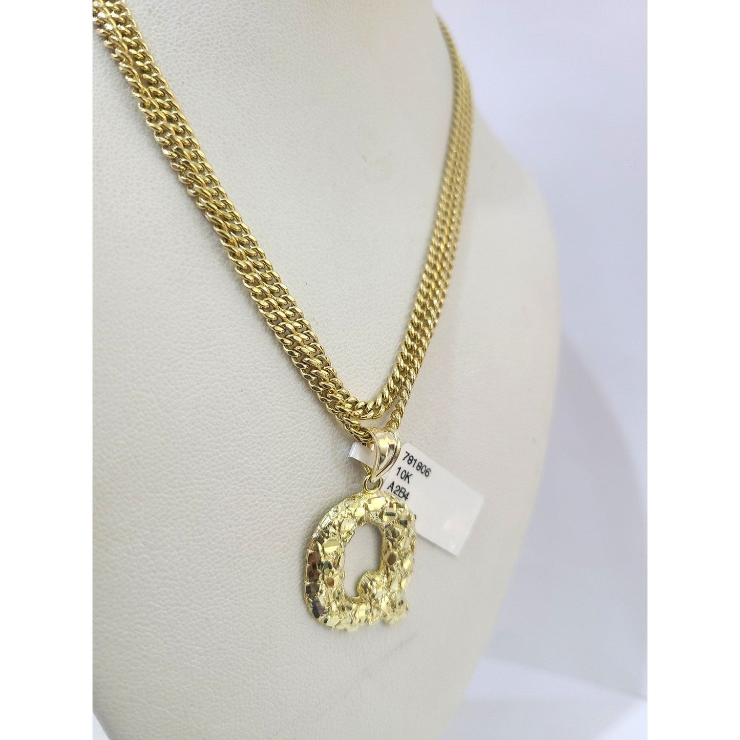 Real Gold 10k Chain Miami Cuban Link 2.5mm Q Initial Charm Necklace Pendant SET