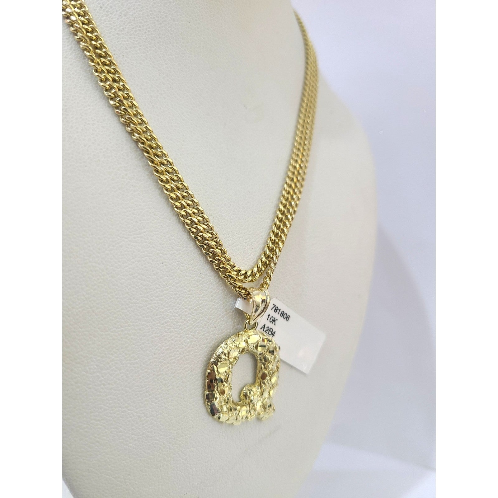Real Gold 10k Chain Miami Cuban Link 2.5mm Q Initial Charm Necklace Pendant SET