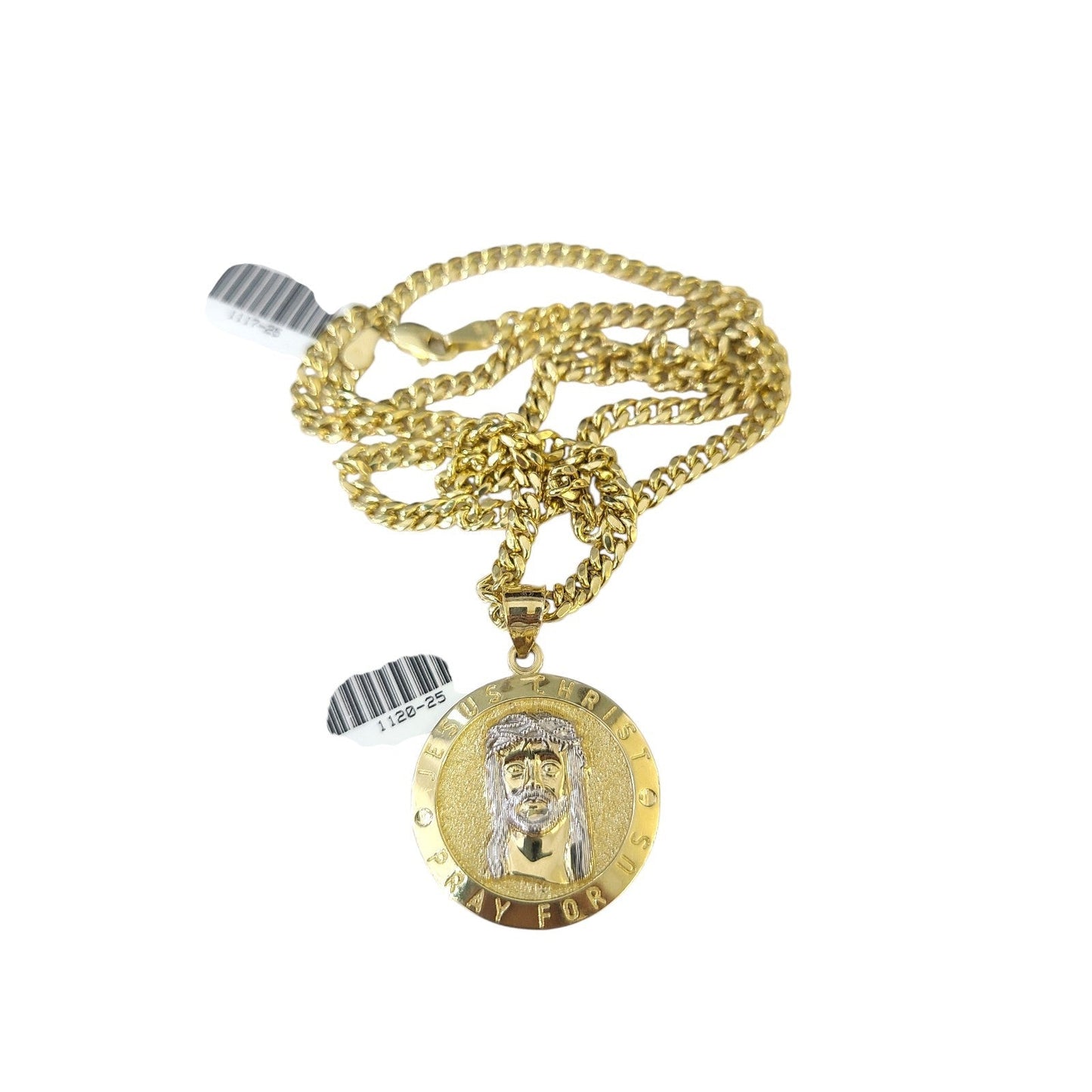 10K Gold Miami Cuban Chain Jesus Christ Charm 18"-24" 2mm Pendant Necklace SET