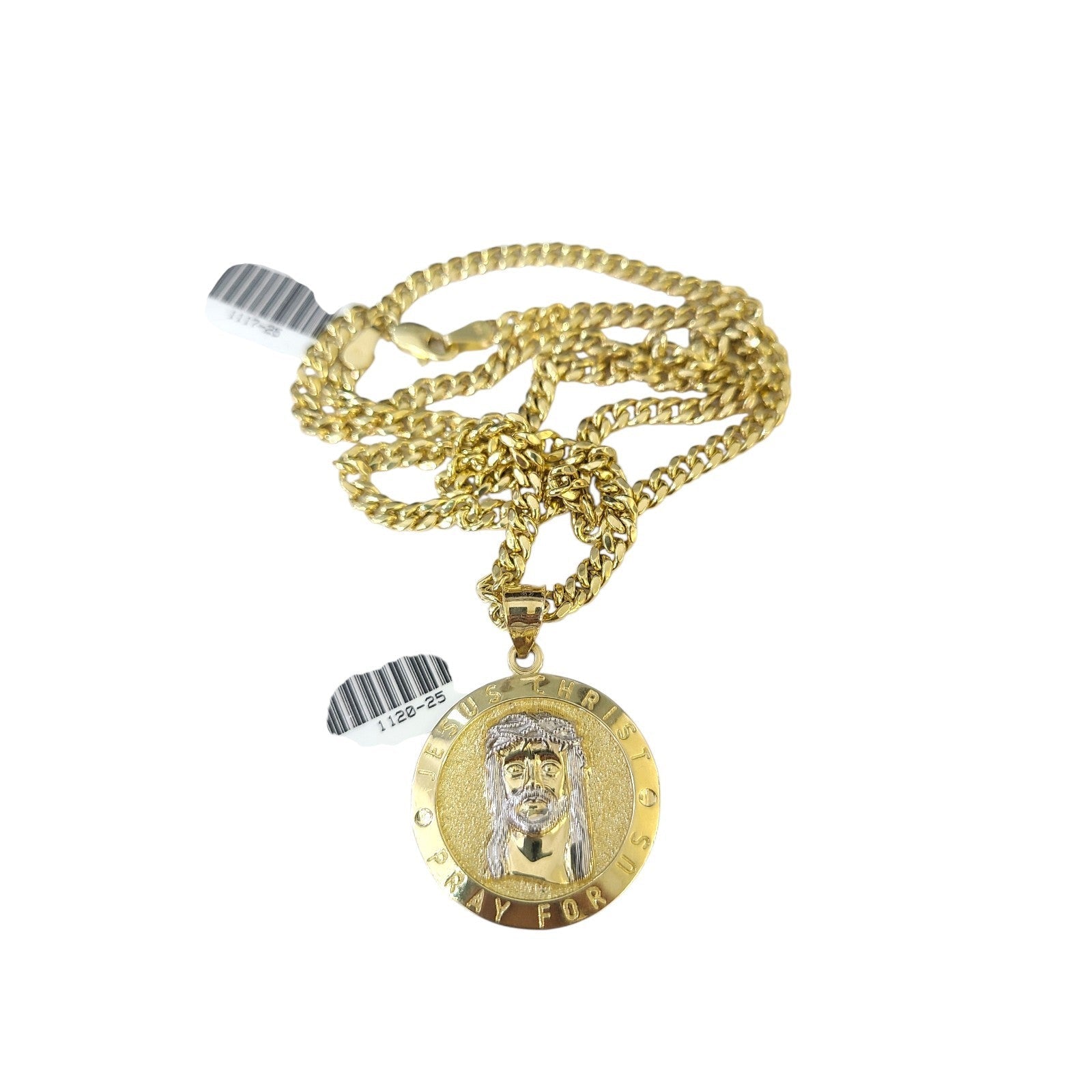 10K Gold Miami Cuban Chain Jesus Christ Charm 18"-24" 2mm Pendant Necklace SET