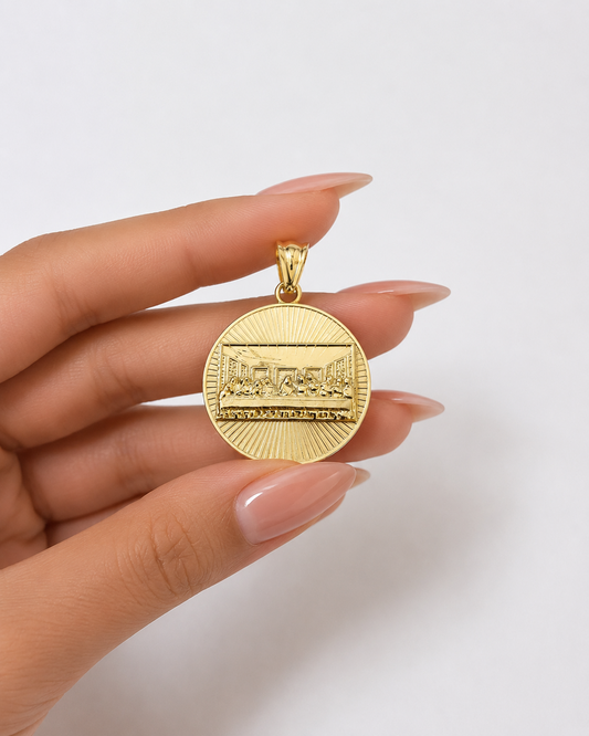 10K Yellow Gold Last Supper Pendant Charm Round 1" Nugget Design Unisex