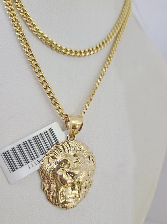 10k Gold Miami Cuban Necklace Roaring Lion Pendant Charm 3mm 18-28 Inch Chain