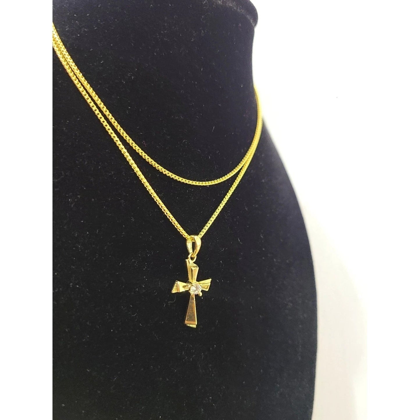 10k Gold Franco Chain Necklace Cz Stone Cross Charm 1mm 16-22 Inches Womens