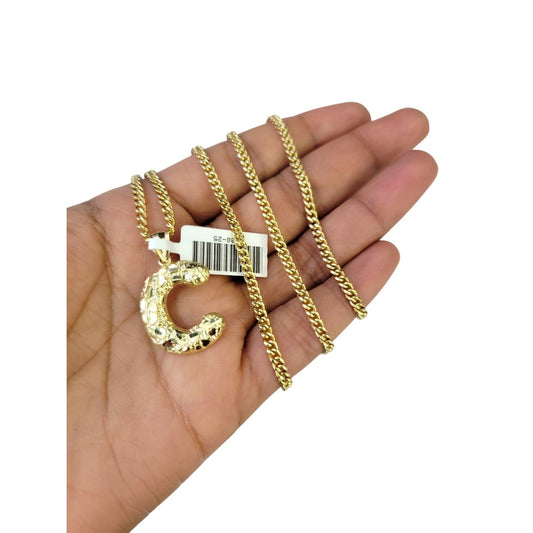 Real Gold 10k Miami Cuban Link Chain Pendant SET C Initial Charm Necklace 2.5mm