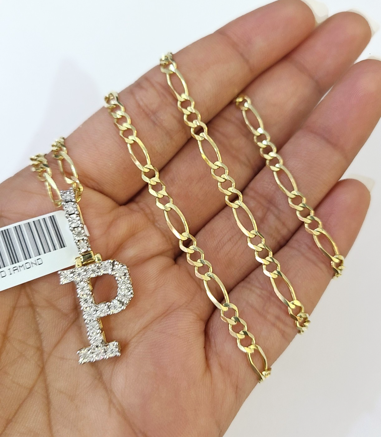 10k Gold Figaro Chain P Diamond Initial Pendant 3mm 20-28 inch SET Necklace