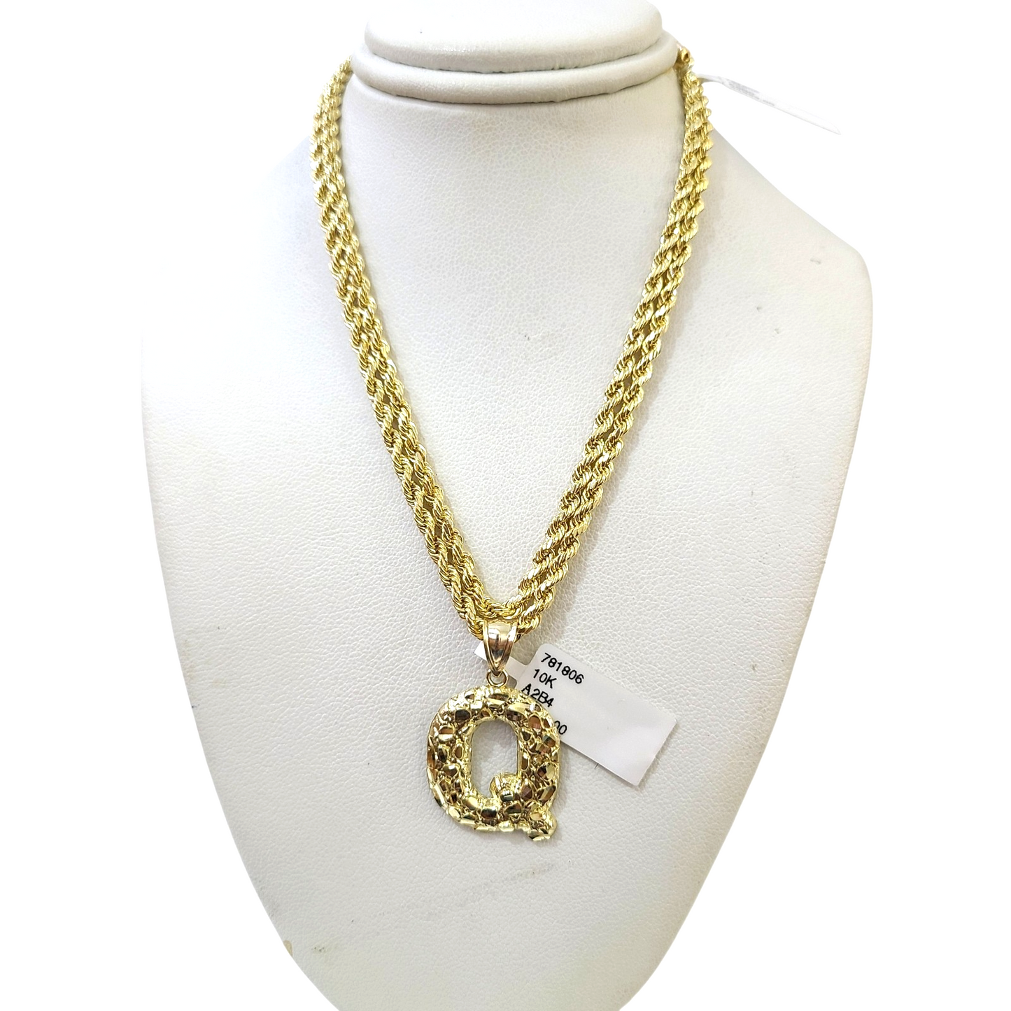 Real 10k Rope Chain Q Initial Charm 3mm 18"-28" Necklace Nugget Set Pendant Gold
