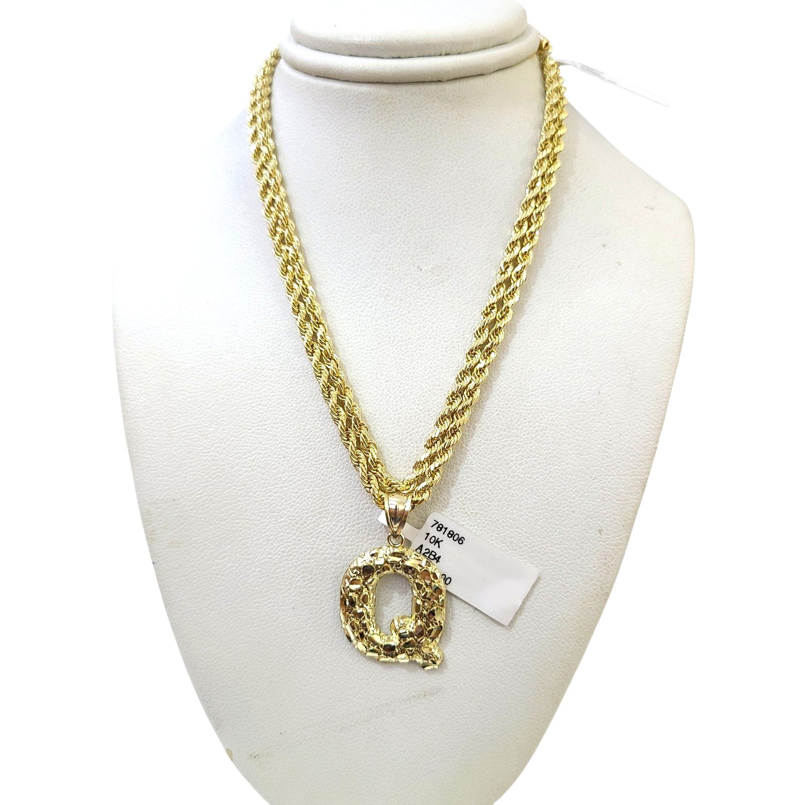 Real 10k Rope Chain Q Initial Charm 3mm 18"-28" Necklace Nugget Set Pendant Gold