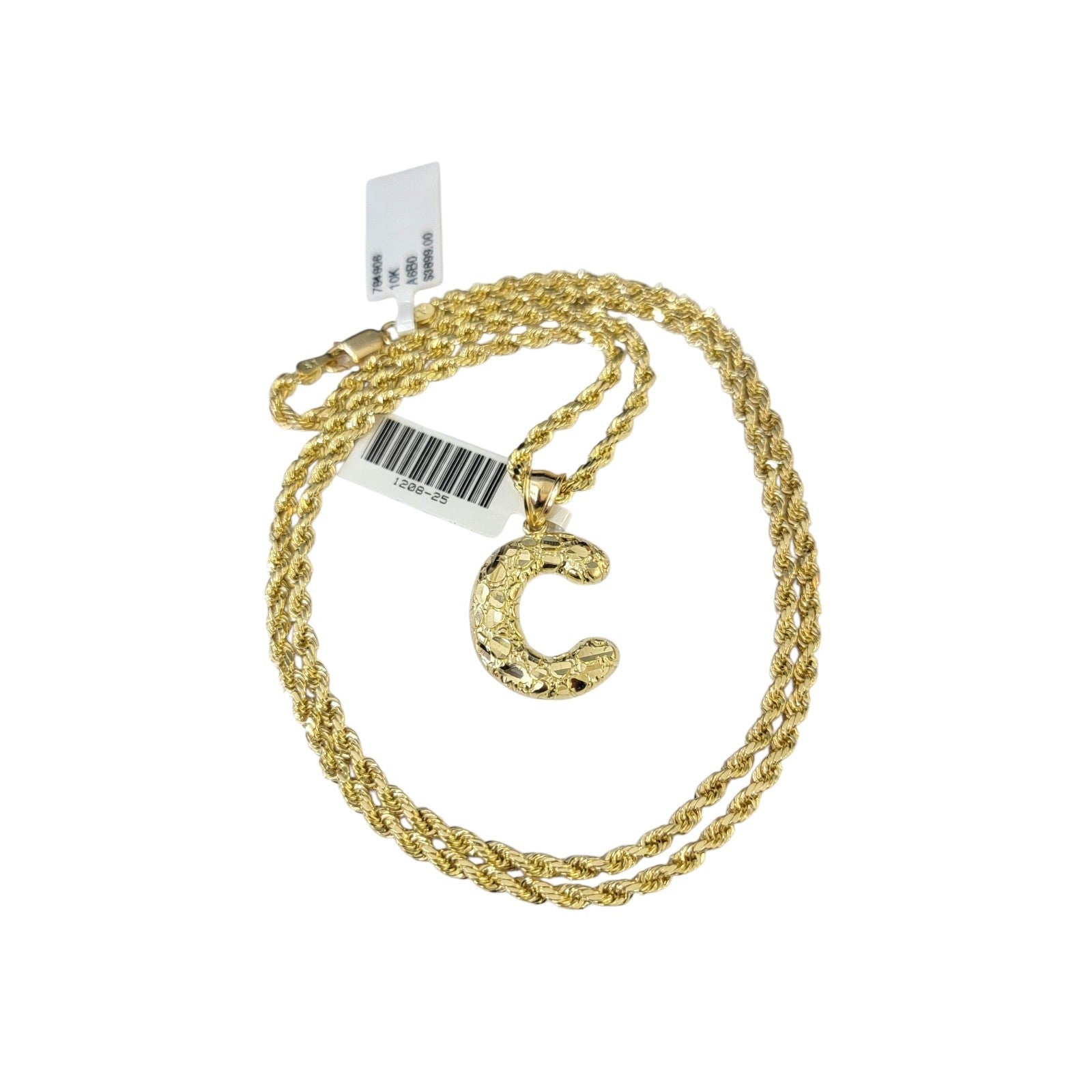 Real 10k Rope Chain Necklace Set 3mm 18"-28" Nugget C Initial Charm Pendant Gold