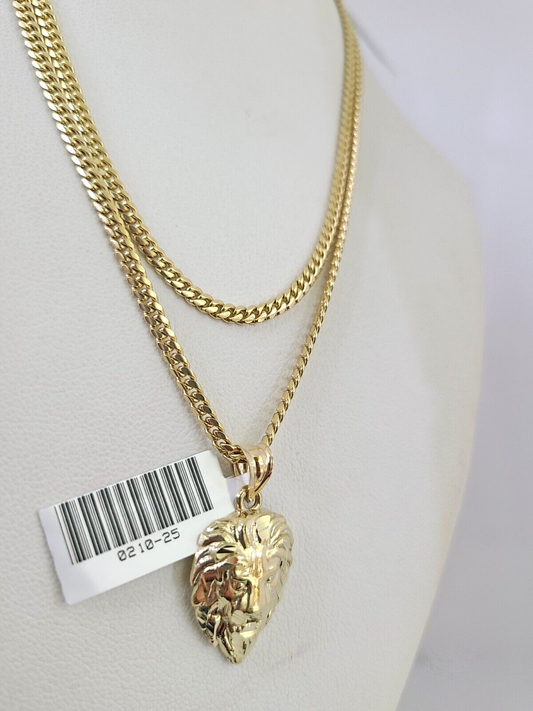 10k Gold Solid Miami Cuban Chain Necklace Roaring Lion Pendant 2.5mm 18-24" Set