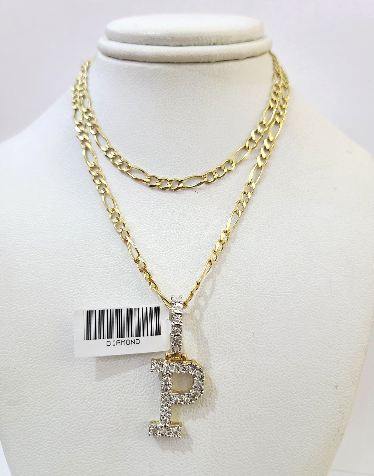 10k Gold Figaro Chain P Diamond Initial Pendant 3mm 20-28 inch SET Necklace