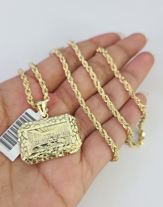 REAL 10k Rope Chain Last Supper Charm Pendant 3mm Necklace Set 18"-30" in