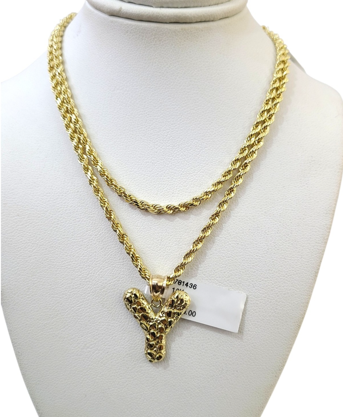 Real 10k Rope Chain Y Necklace Nugget Initial Charm 3mm 18"-28" Set Pendant Gold