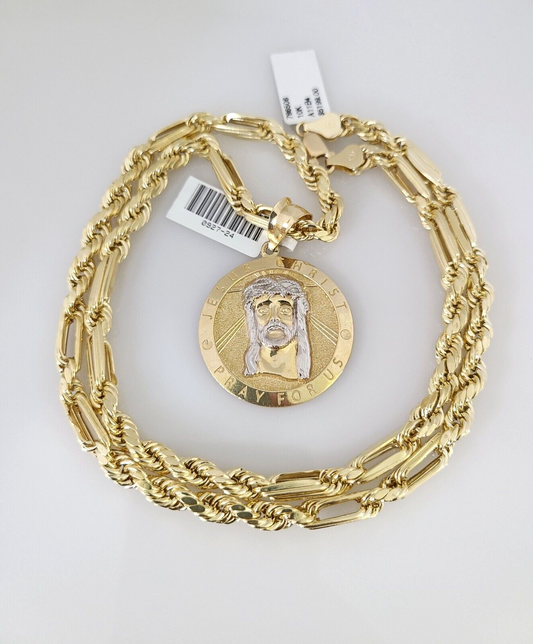 10k Gold Milano Rope Chain Jesus Christ Charm 6mm Set 20"-26'' Inches Necklace