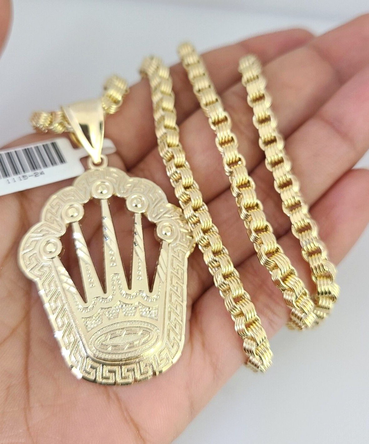Real 10k Gold Byzantine Necklace Crown Charm SET Chain 20"-30" 4mm