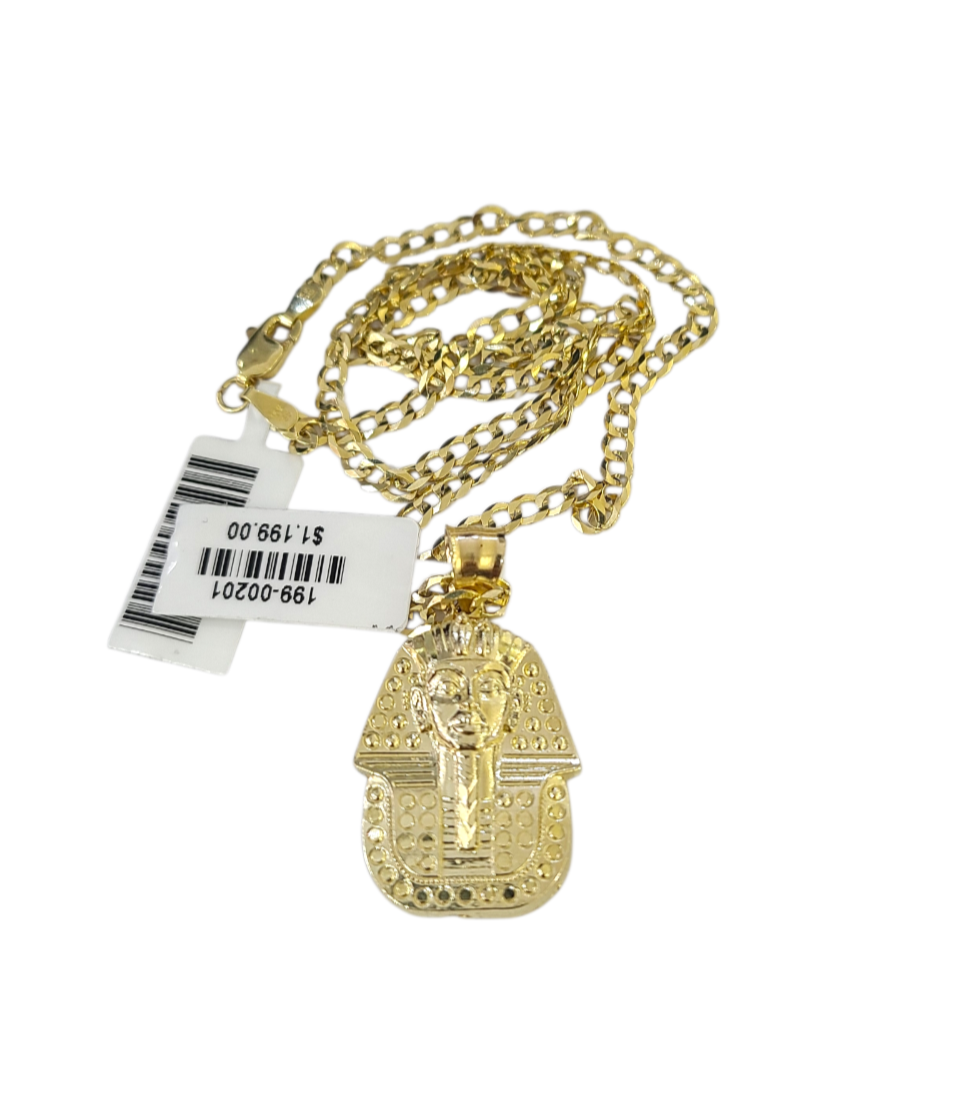 10k Gold Pharaoh Head Charm Pendant Chain Cuban Curb 3mm Necklace Set 18"-28"