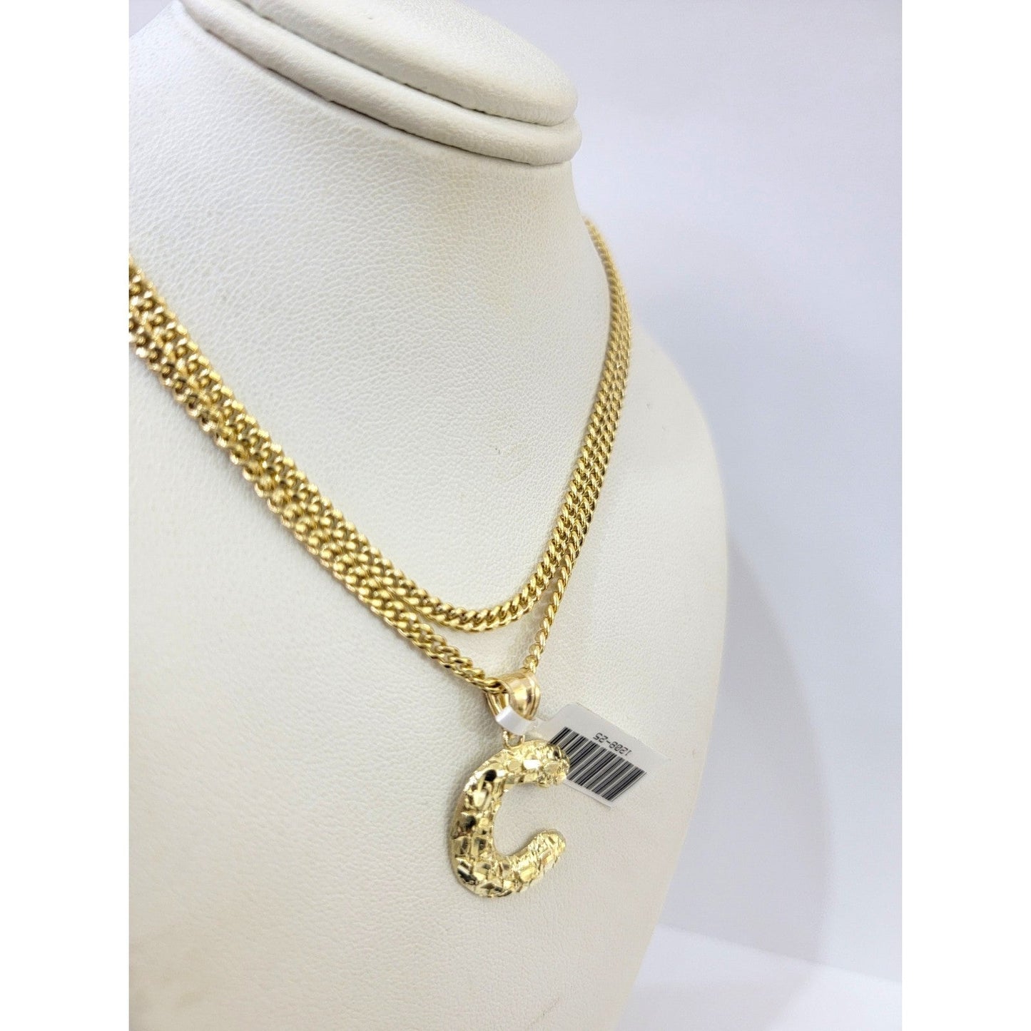 Real Gold 10k Miami Cuban Link Chain Pendant SET C Initial Charm Necklace 2.5mm