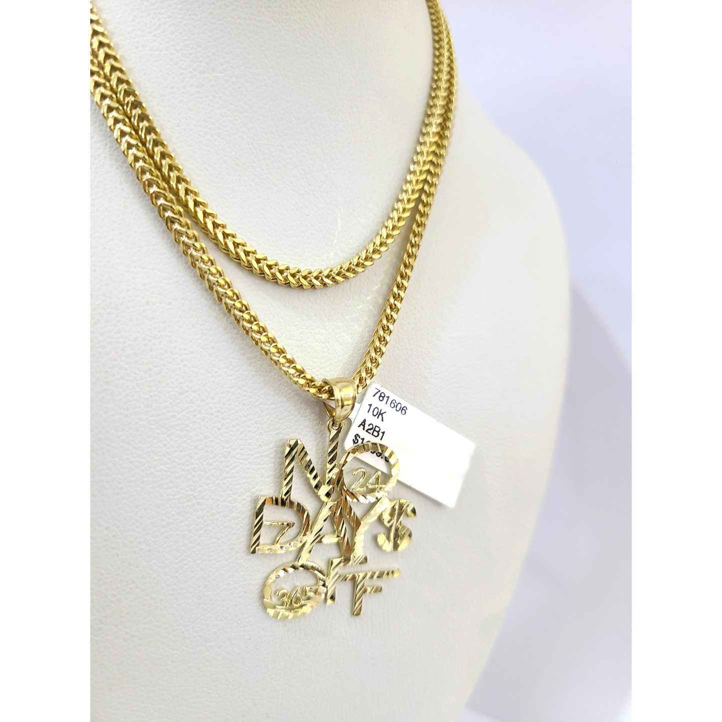 Real 10k Gold Franco Chain No Days Off Charm Pendant Necklace SET 2.5mm 18"-26"
