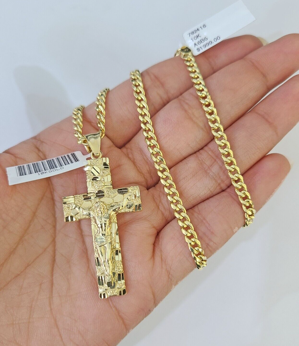 10k Nugget Cross Miami Cuban Chain 4mm 22 inch SET Necklace Pendant