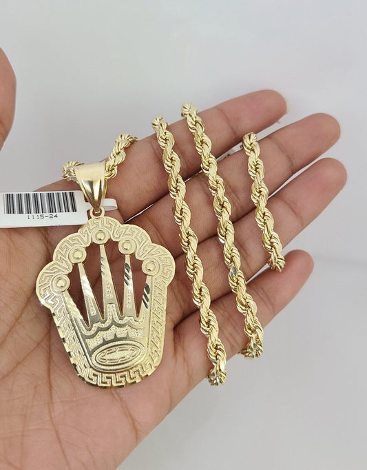 10kt Gold Rope Chain King Crown Pendant Charm Set 18"-30'' Inch 5mm Necklace
