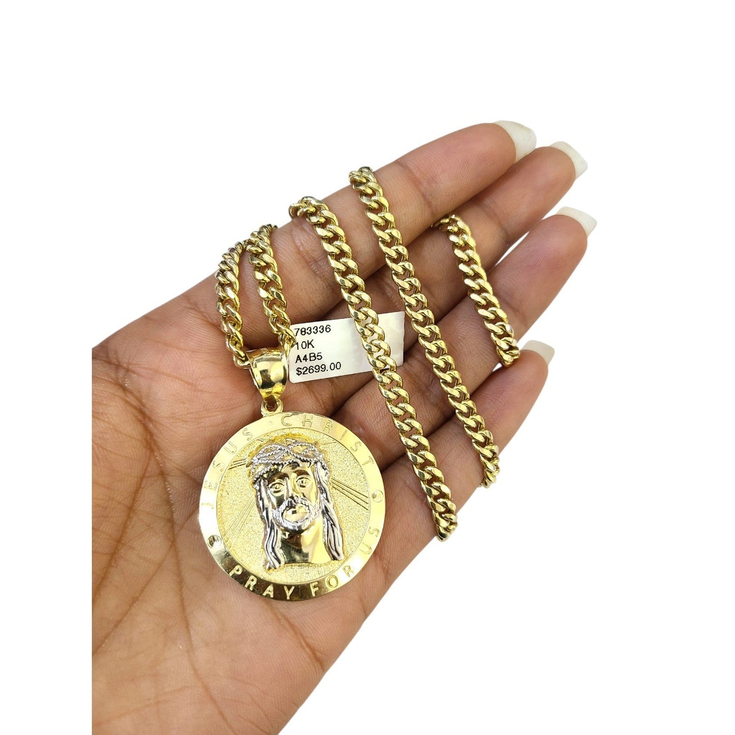 Real 10K Gold Miami Cuban Chain Jesus Christ 20"-28" 4mm Pendant Necklace SET
