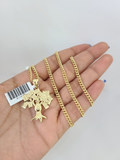 10k Gold Miami Cuban Chain Money Tree Charm Pendant 3mm 18-28in Necklace Set