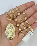 10k Gold Chain Miami Cuban Virgin Mary Charm Pendant Set 3mm 18"-28" Necklace