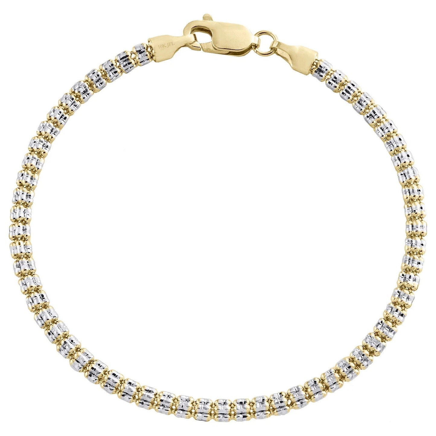10K Yellow White Gold Two Tone 3mm Diamond Cut Ice Bead Link Bracelet 8 Inches