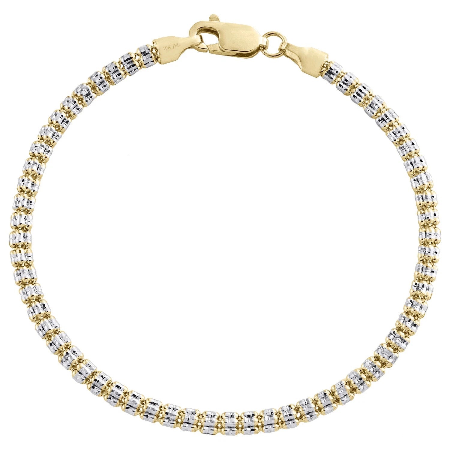10K Yellow White Gold Two Tone 3mm Diamond Cut Ice Bead Link Bracelet 8 Inches