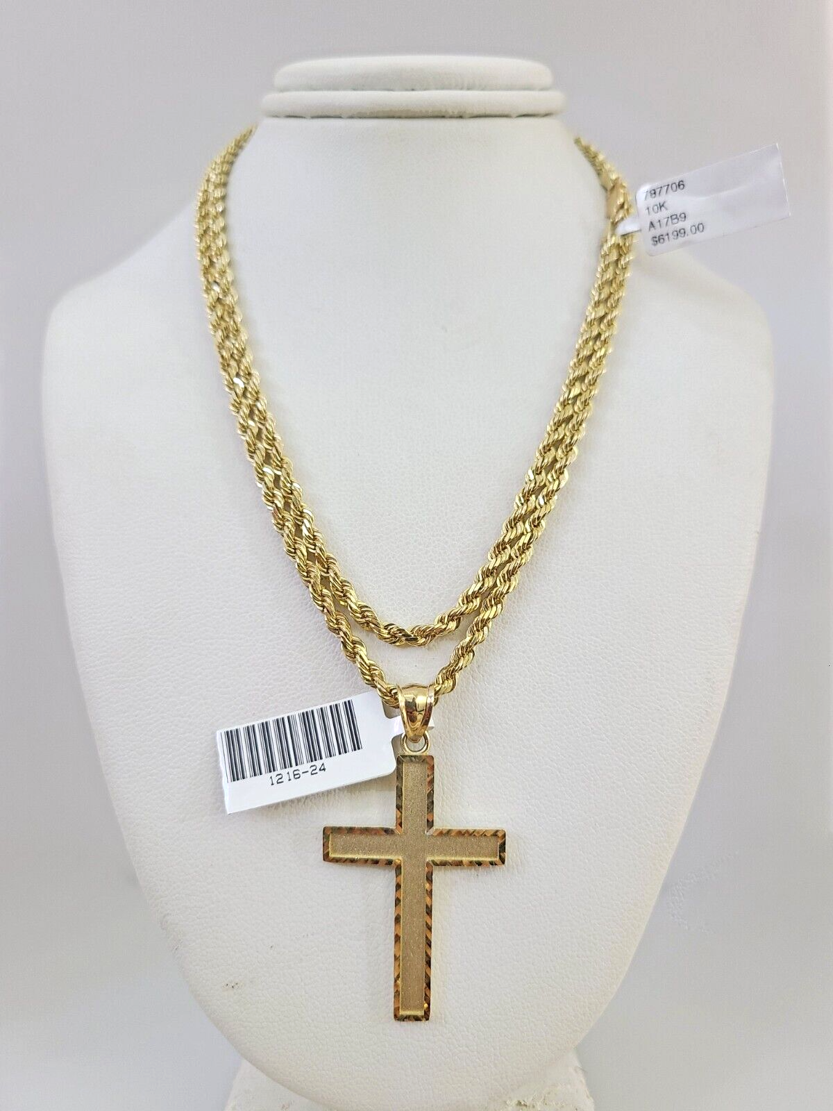 REAL 10k Solid Rope Chain Jesus Cross Charm Pendant 3mm Set 18"-26" in Necklace