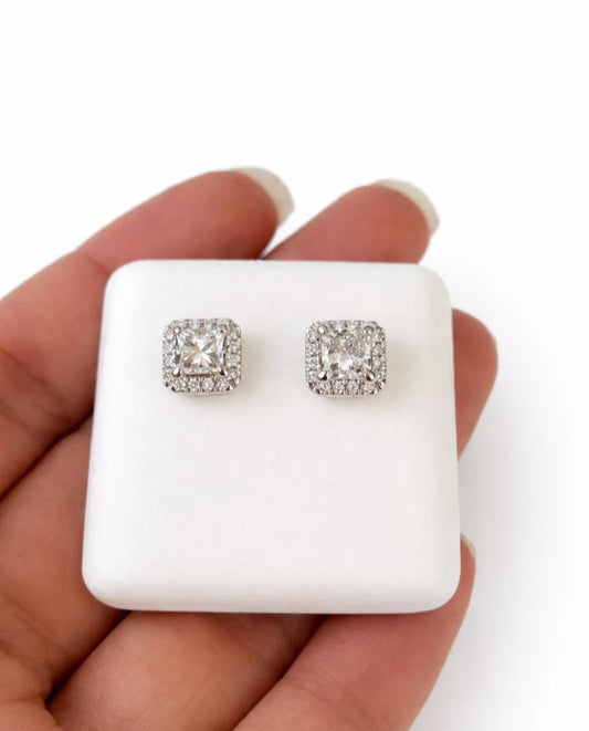 14k White Gold Square Diamond Earrings Lab Created Screw-Back Women Men Studs