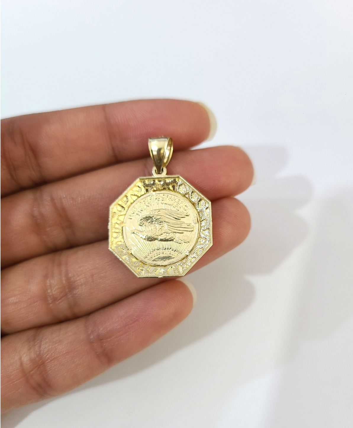 Real 10K Nugget Saint Liberty Medallion Pendant Charm Yellow Gold Genuine 10kt