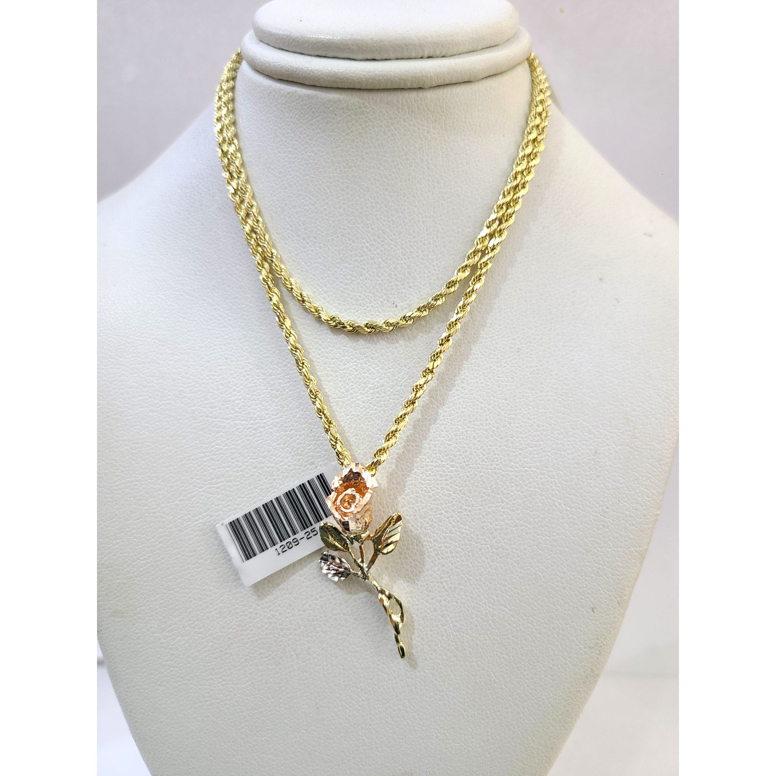 10k Rope Chain Rose Trio gold Charm Necklace Pendant Set 2mm 16"-26" Gold