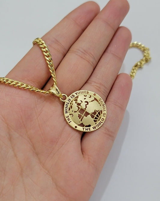 Real 10k Gold Pendant Cuban Link Chain Set Necklace 22" 3.5mm & World Map Charm