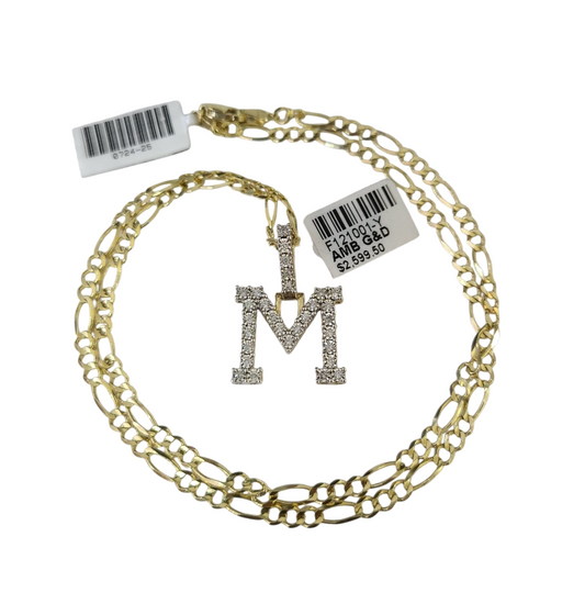 10k Gold Figaro Chain M Diamond Initial Pendant 3mm 20-28 inch SET Necklace
