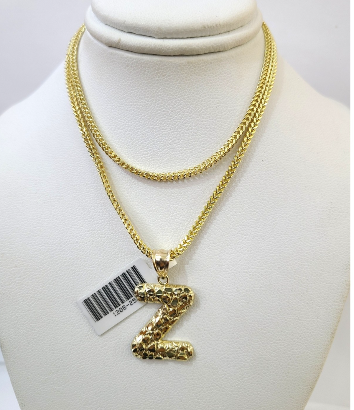 10k Gold Franco Chain Z Nugget Initial Charm Pendant Necklace SET 2.5mm 16"-26"