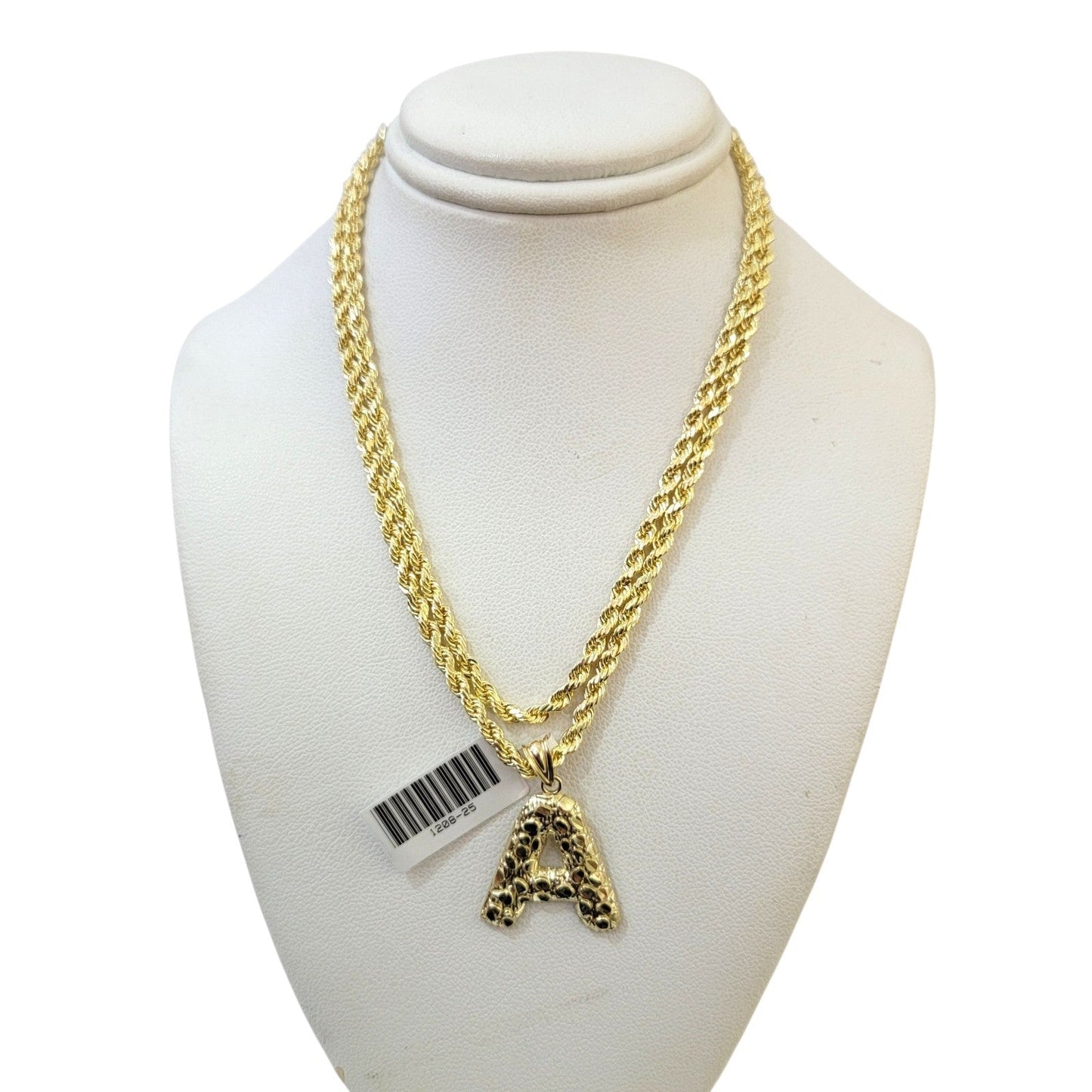 Real 10k Rope Chain Necklace Nugget A Initial Charm Pendant Set 3mm 18"-28" Gold
