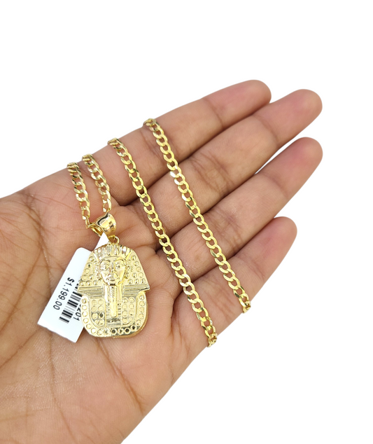 10k Gold Pharaoh Head Charm Pendant Chain Cuban Curb 3mm Necklace Set 18"-28"