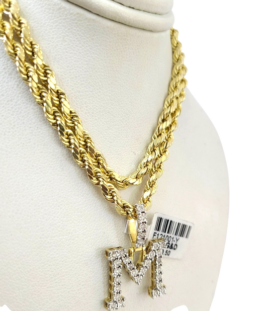 10k Rope Chain M Diamond Initial Charm Necklace Pendant Set 4mm 20"-30" Gold