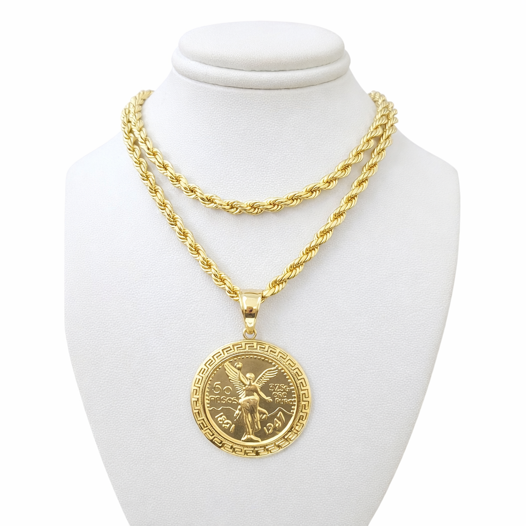 Real 10k Rope Chain Centenario 50 Pesos Charm Necklace SET 4mm 18"-24" Pendant