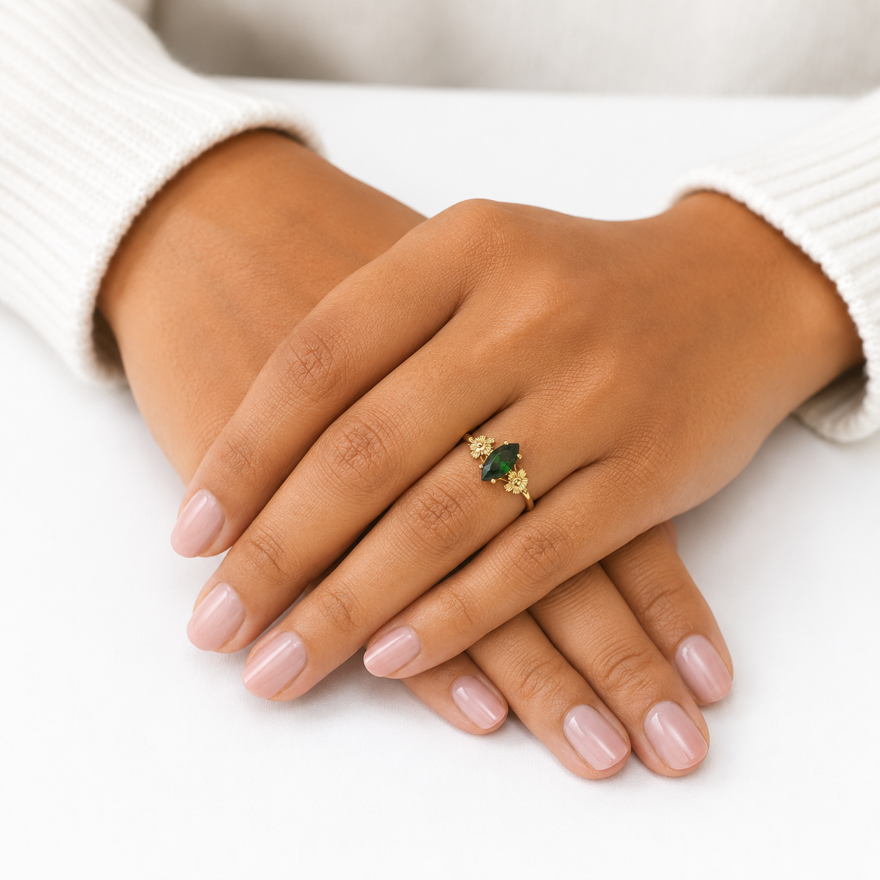 10k Yellow Gold Green Marquise Ring CZ Flower Floral Dainty Women Statement