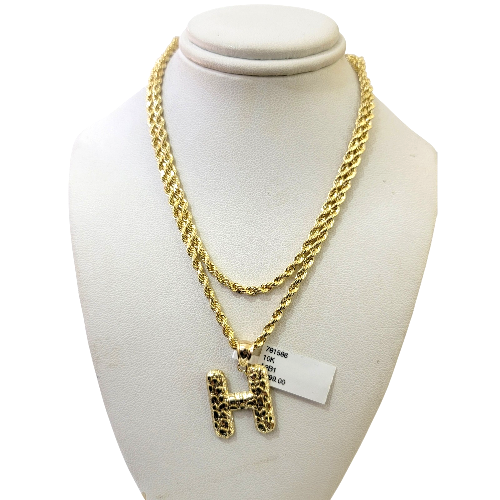 Real 10k Rope Chain 3mm 18"-28" Necklace Nugget H Initial Charm Set Pendant Gold