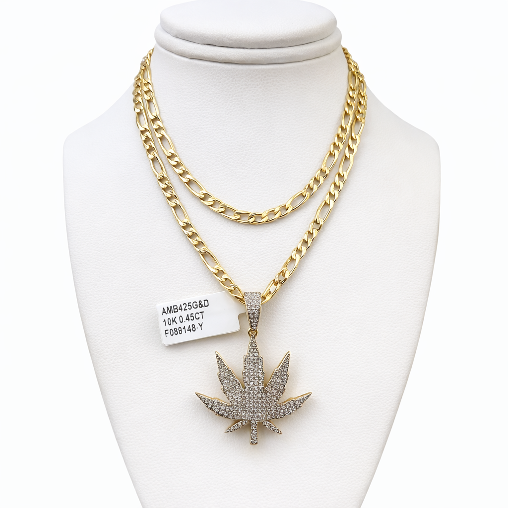 Real 10k Solid Figaro Chain Leaf Diamond Charm Necklace SET 4mm 22" Pendant