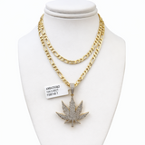 Real 10k Solid Figaro Chain Leaf Diamond Charm Necklace SET 4mm 22" Pendant