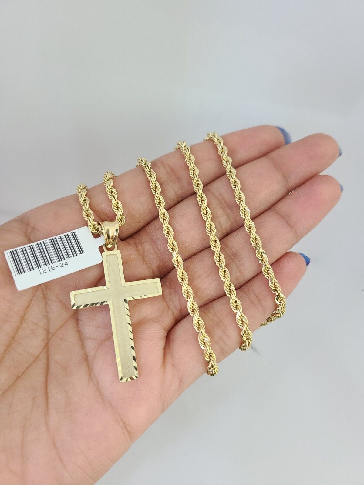 REAL 10k Solid Rope Chain Jesus Cross Charm Pendant 3mm Set 18"-26" in Necklace
